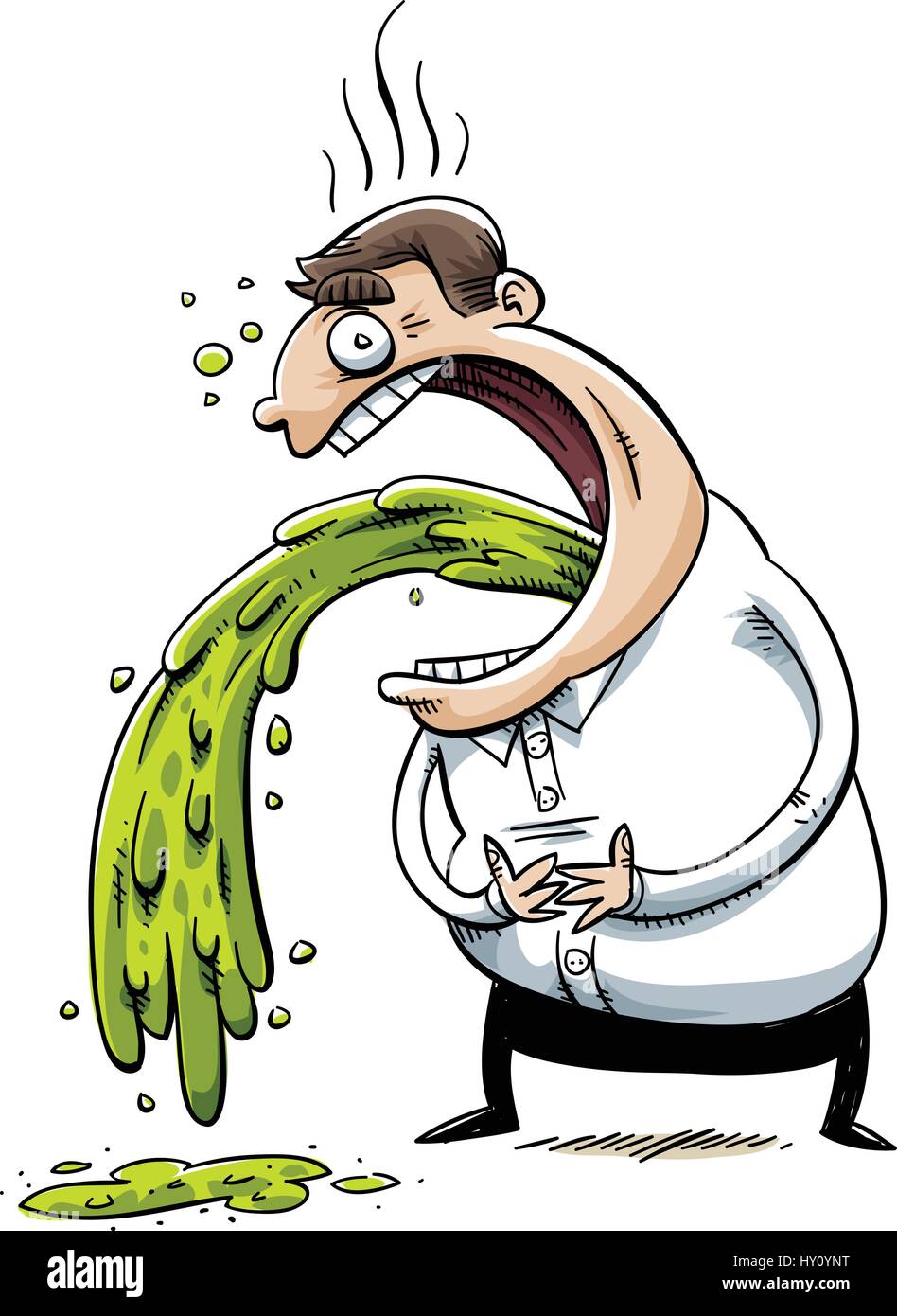 Ein kranker, cartoon Mann mit seinem Bauch und Kotzte grünen Schleim. Stock Vektor
