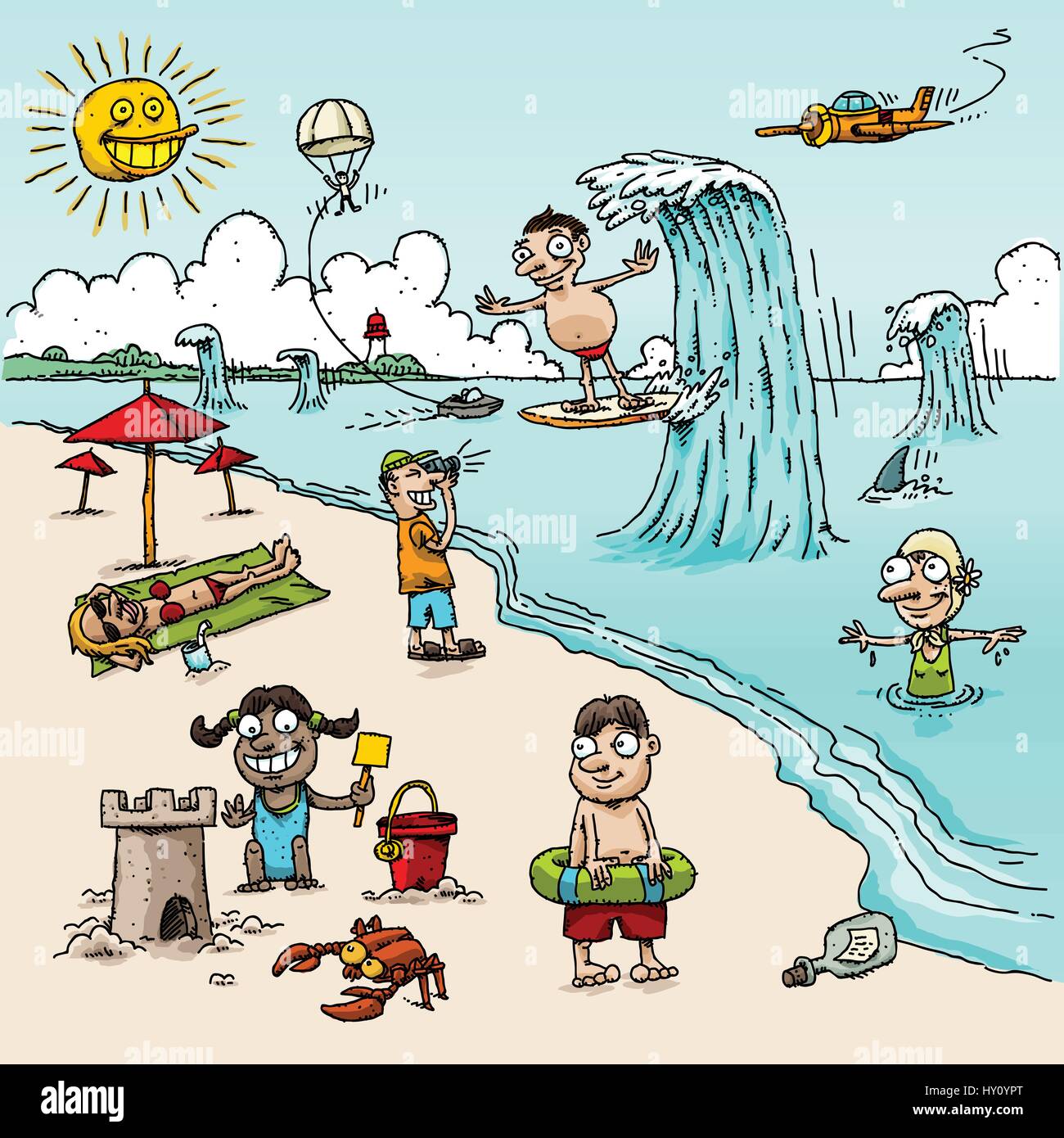 Ein Vektor Cartoon-Strand-Szene mit Menschen in verschiedenen