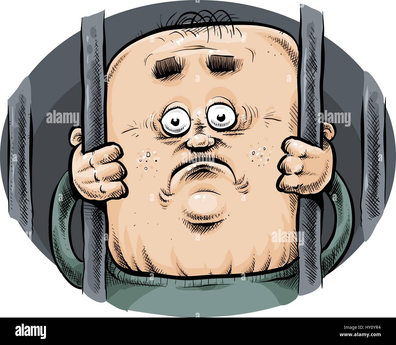 Ein Cartoon-Gefangener sieht leider hinter Bars. Stock Vektor