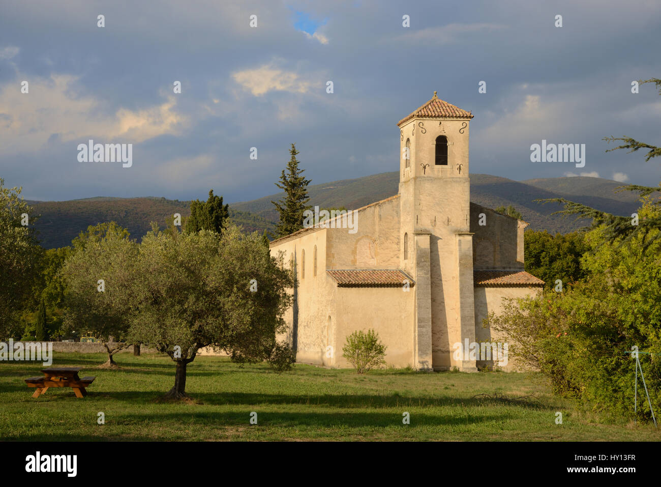 Evangelische Kirche & Olivenbaum in das Dorf Lourmarin in der französischen Provence Regionalpark Luberon Stockfoto