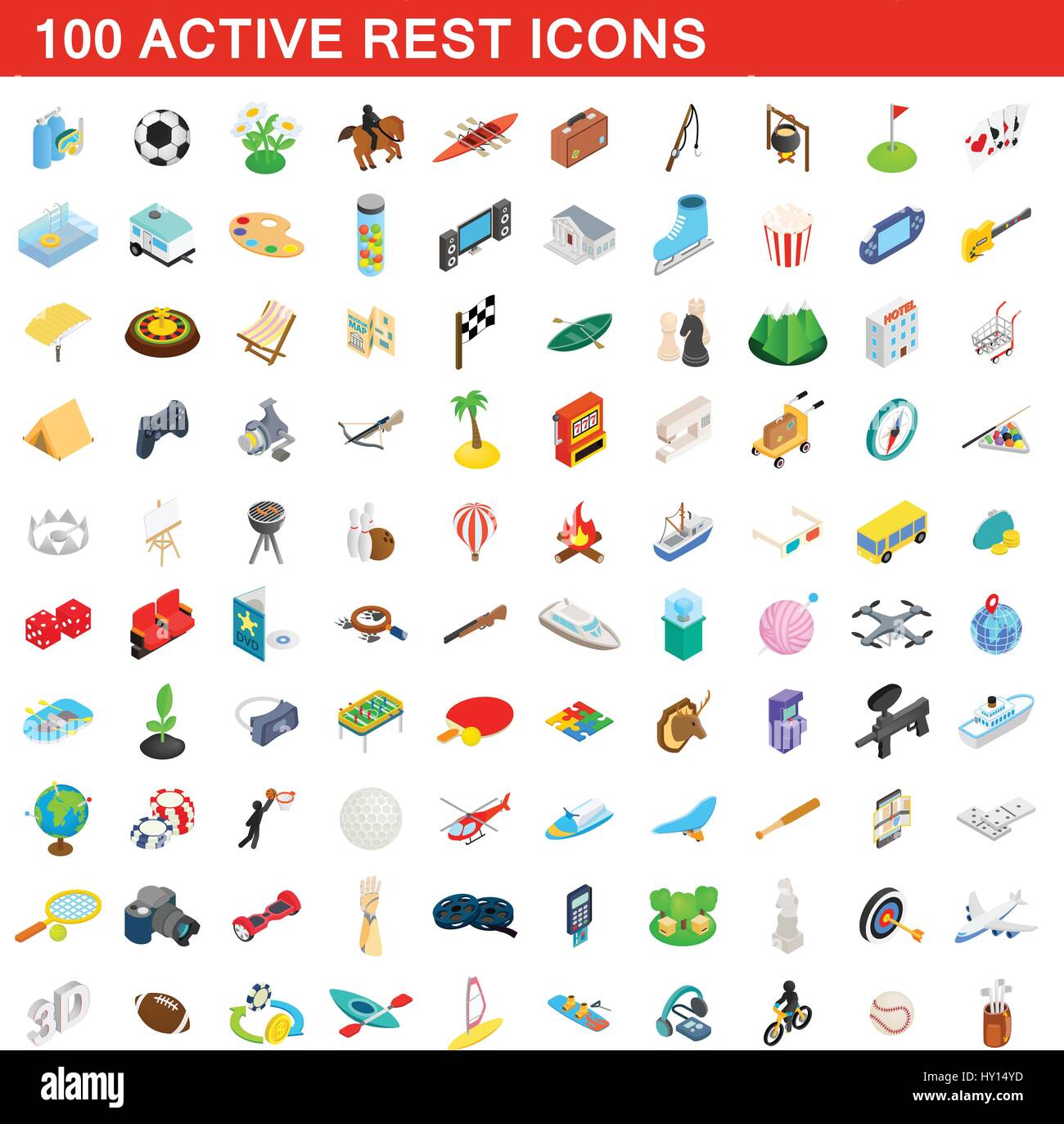 100 aktive Erholung Icons Set, isometrischen 3d Stil Stock Vektor