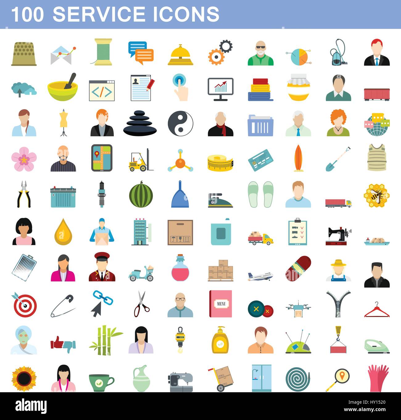 100 Service Symbole festlegen, flache Stil Stock Vektor