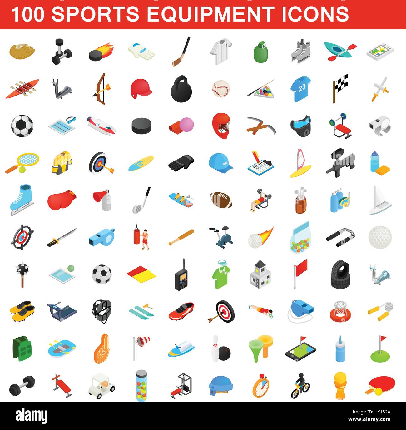 100 Sportarten Symbole Unterhaltungsausstattung, isometrischen 3d Stil Stock Vektor