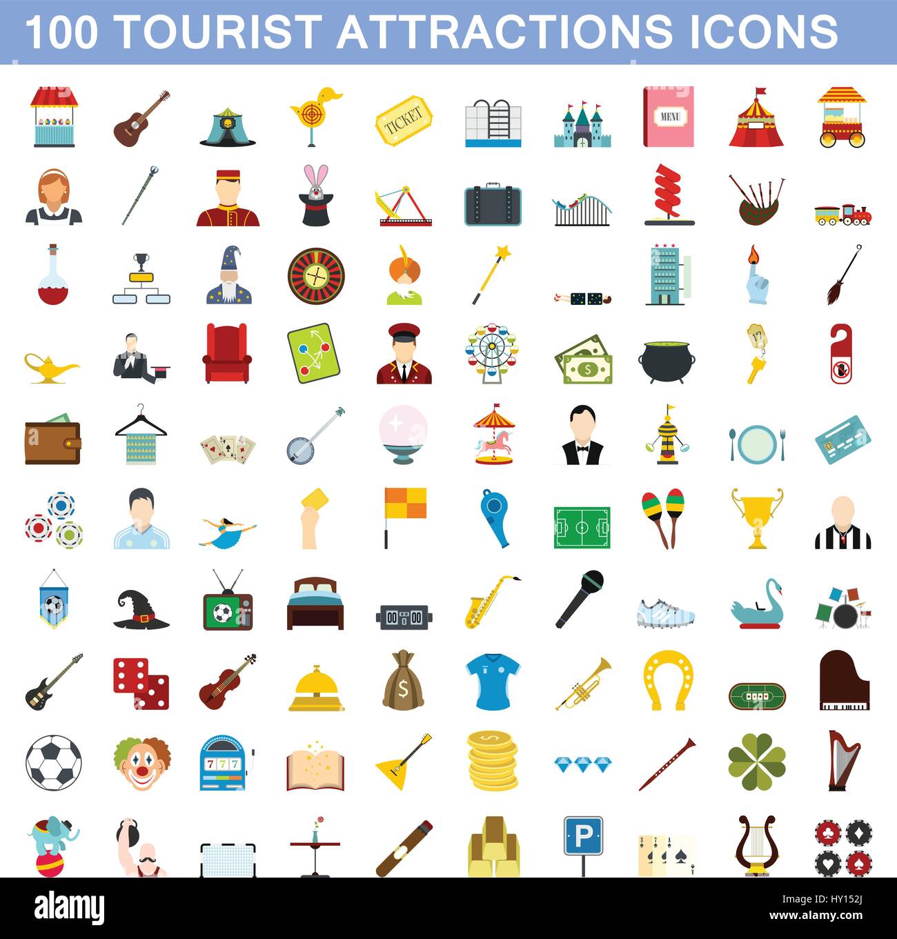 100 touristischen Attraktion Ikonen gesetzt, flache Stil Stock Vektor