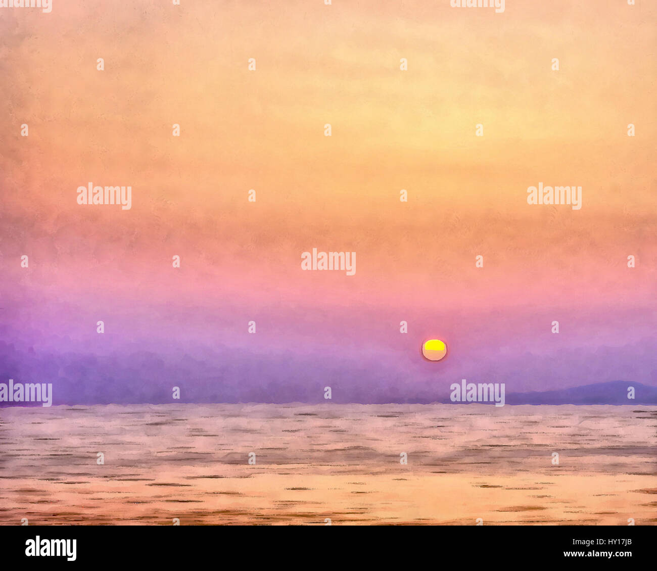 Digitales Aquarell eines Sonnenuntergangs auf Sithonia (Longos), Mitte-Süd Teil auf der Halbinsel Chalkidiki in Griechenland. Stockfoto