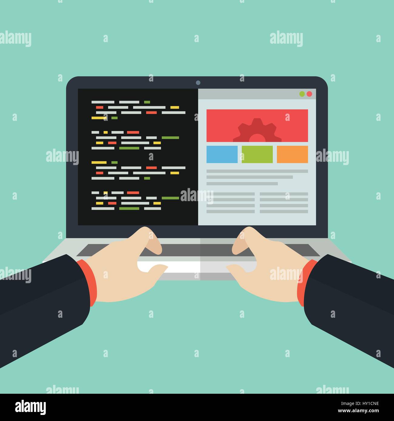 Website Entwicklung, Laptop Vorderansicht, flache Vektor-illustration Stock Vektor