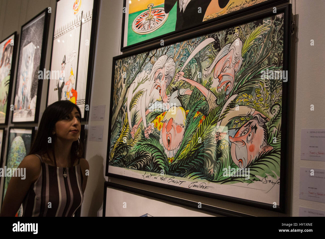 London, UK. 31. März 2017. Lost in the Jungle Brexit (Theresa May, Boris Johnson, Nigel Farage, Alex Salmond), 2017, est GBP 5.000-7, 000. Scarfe bei Sothebys präsentieren 134 Beispiele Gerald Scarfes Arbeit als Künstler, Karikaturist und Bühnenbildner. Auktion am 5. April 2017. Stockfoto