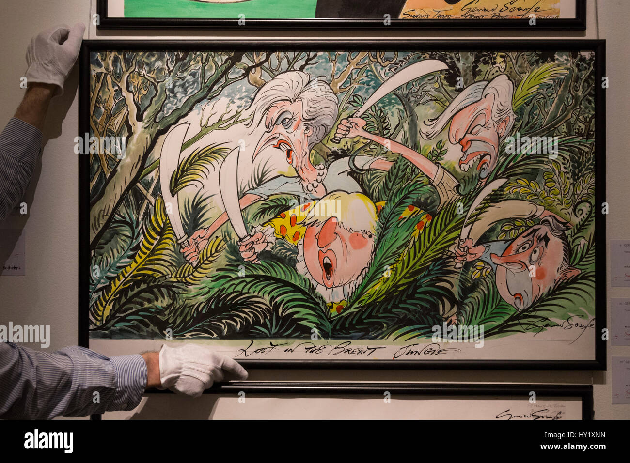 London, UK. 31. März 2017. Lost in the Jungle Brexit (Theresa May, Boris Johnson, Nigel Farage, Alex Salmond), 2017, est GBP 5.000-7, 000. Scarfe bei Sothebys präsentieren 134 Beispiele Gerald Scarfes Arbeit als Künstler, Karikaturist und Bühnenbildner. Auktion am 5. April 2017. Stockfoto