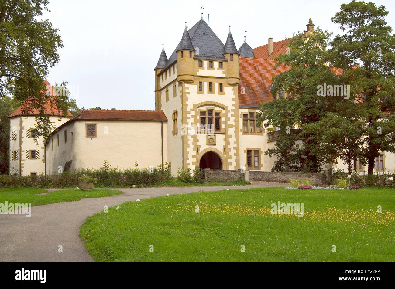 Blick Auf Schloss Jagsthausen in Baden-Württemberg, Einer der Stammsitze der Herren von Berlichingen.  Bild der Burg Jagsthausen in der deutschen Stockfoto