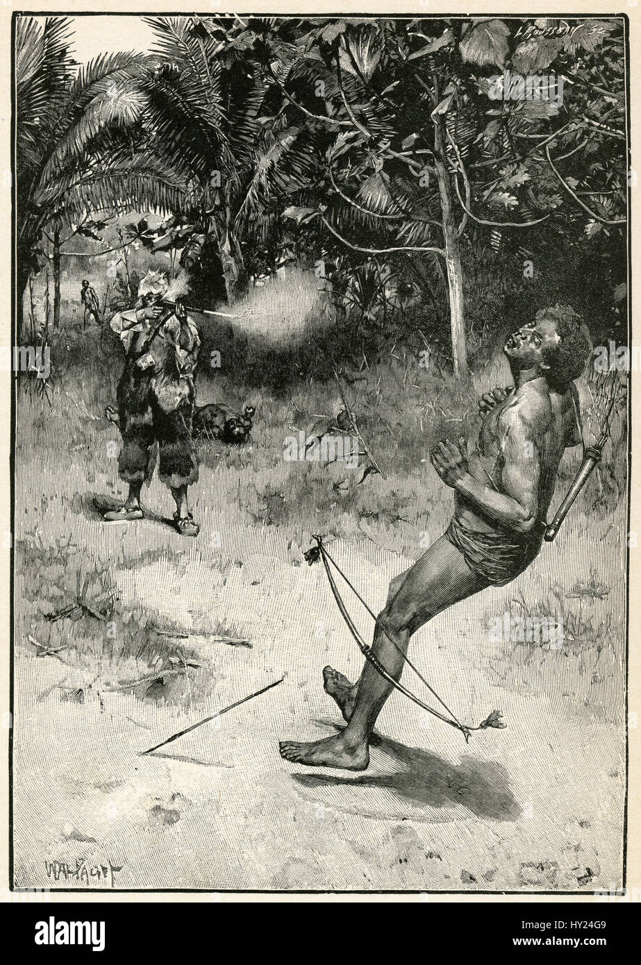 1910er Jahre Gravur von Robinson Crusoe von Daniel Defoe: "Ich mußte dann zu schießen." Illustriert von Walter Paget. Stockfoto