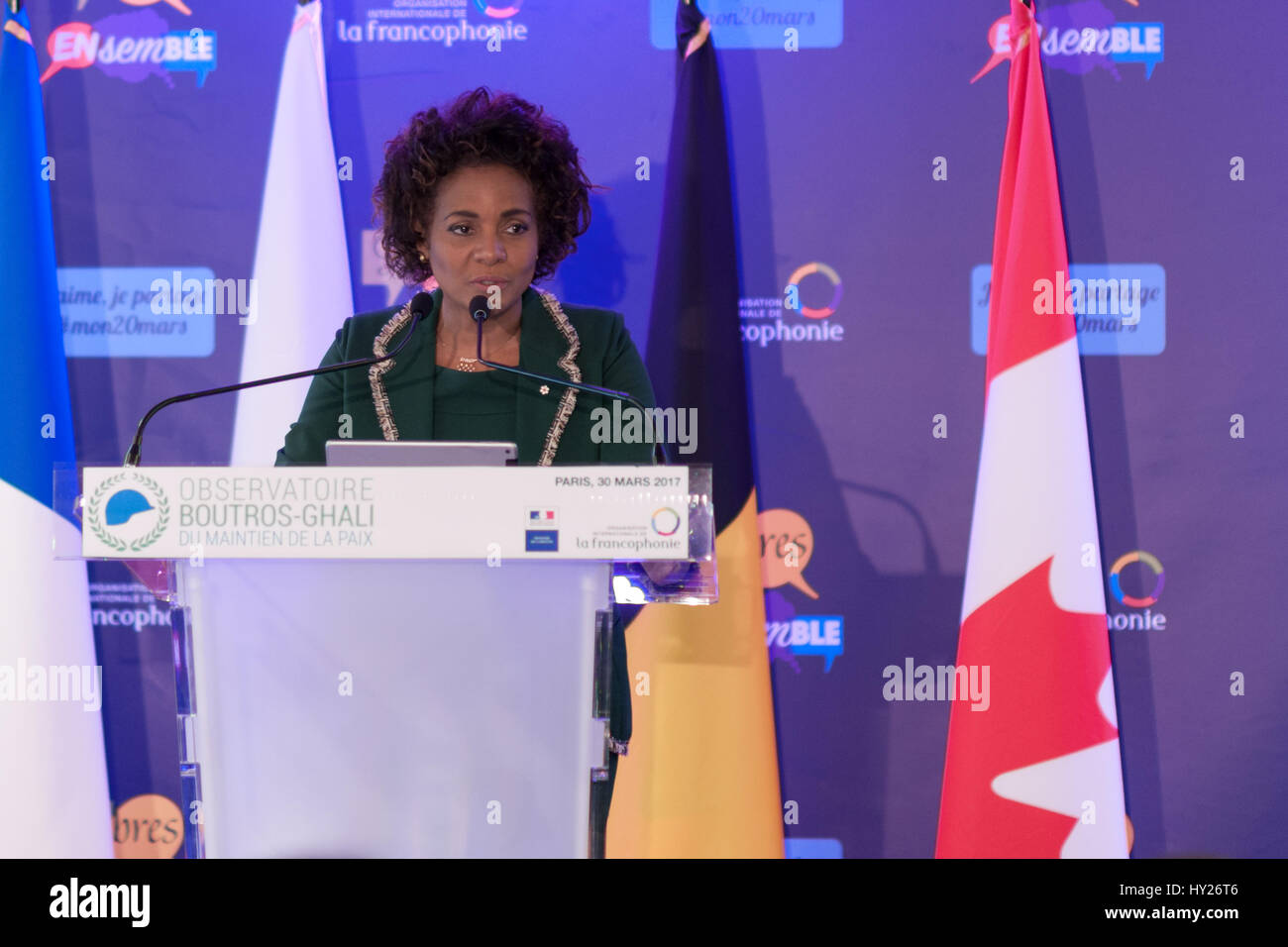 Paris, Frankreich, 30. März 2017. Michaëlle Jean, Generalsekretär der internationalen Organisation der Frankophonie, liefert eine Rede bei der offiziellen Vorstellung des das Observatoire Boutros-Ghali Pour le Maintien De La Paix, bei der der internationalen Organisation der Frankophonie HQ in Paris Frankreich. Bildnachweis: Laurent Poinet/Alamy Live-Nachrichten Stockfoto