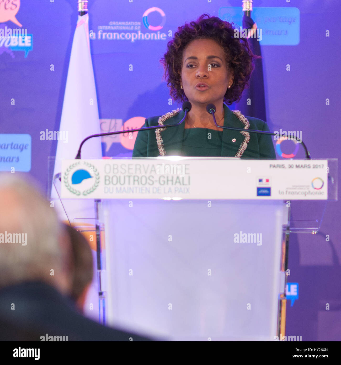 Paris, Frankreich, 30. März 2017. Michaëlle Jean, Generalsekretär der internationalen Organisation der Frankophonie, liefert eine Rede bei der offiziellen Vorstellung des das Observatoire Boutros-Ghali Pour le Maintien De La Paix, bei der der internationalen Organisation der Frankophonie HQ in Paris Frankreich. Bildnachweis: Laurent Poinet/Alamy Live-Nachrichten Stockfoto