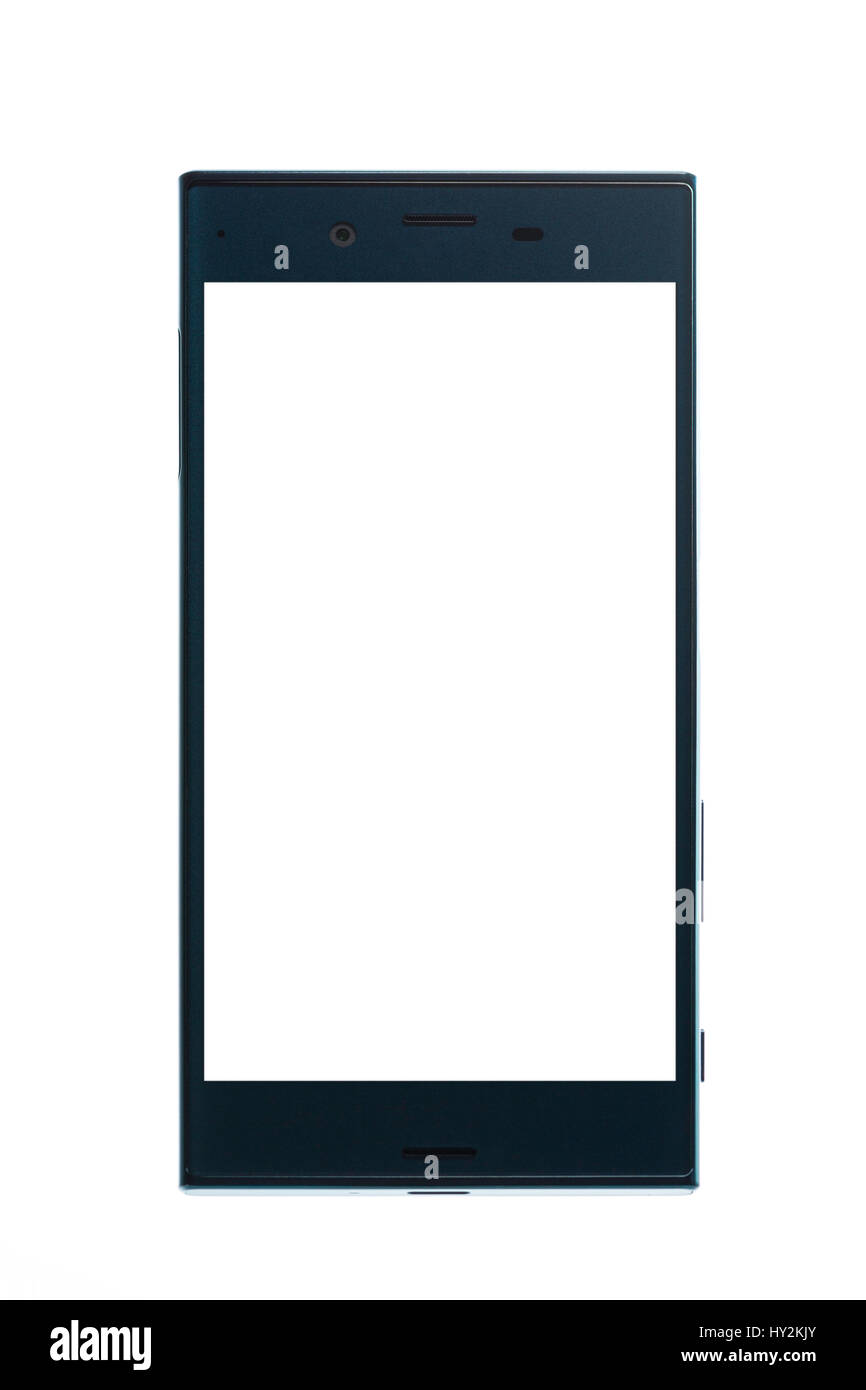 Smartphone in Türkis Farbe, vorn Touchscreen in weißer Farbe. Stockfoto