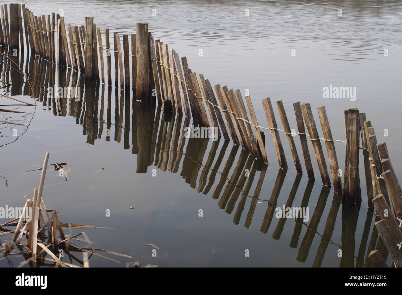 Versunkene Zaun am Rande eines Sees Stockfoto