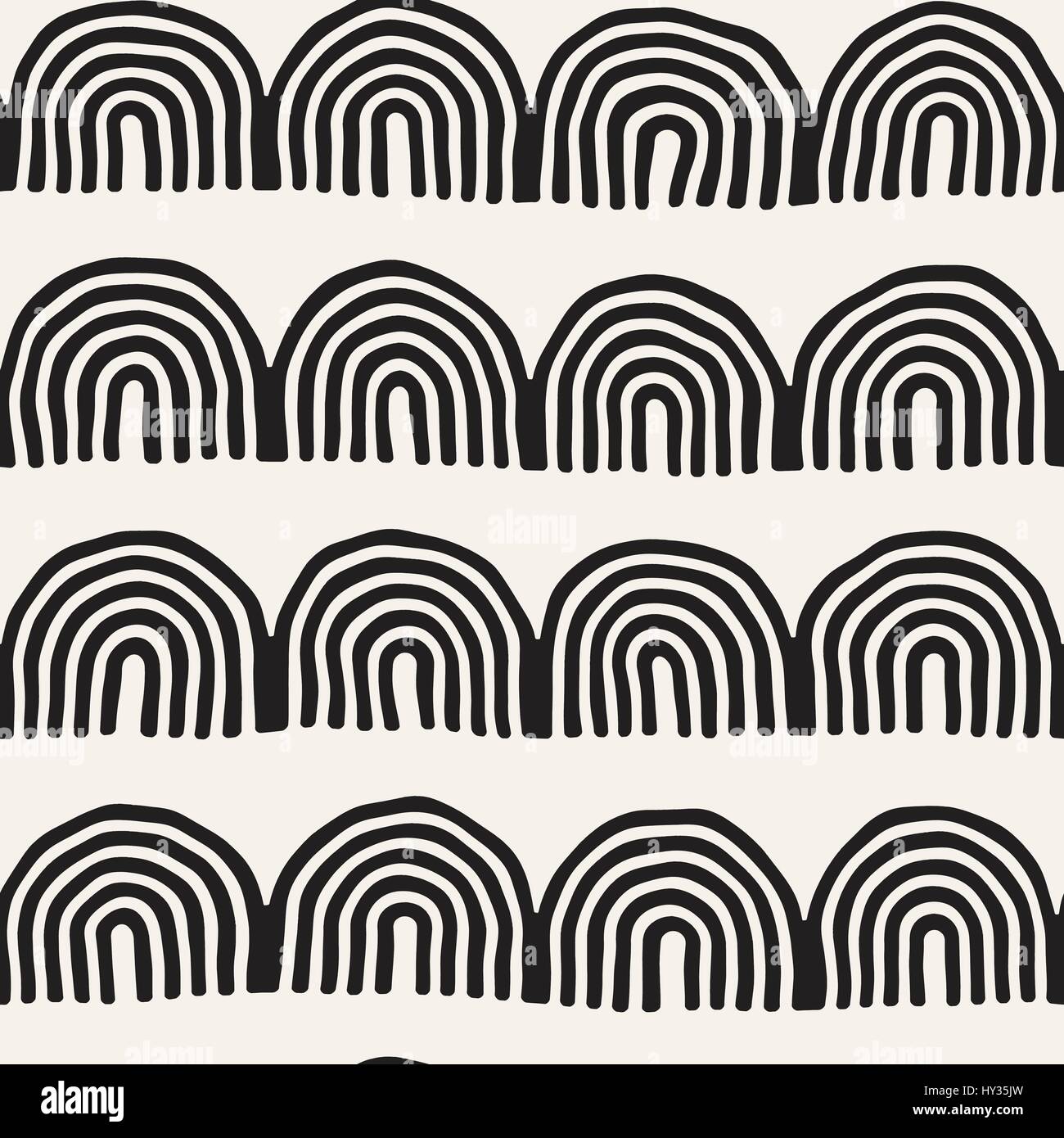 Monochrome minimalistisch Stammes-nahtlose Muster mit Bogen Linien. Vektor-Hintergrund mit inky schwarze Kunst auf weißen abgerundeten Streifen. Stock Vektor