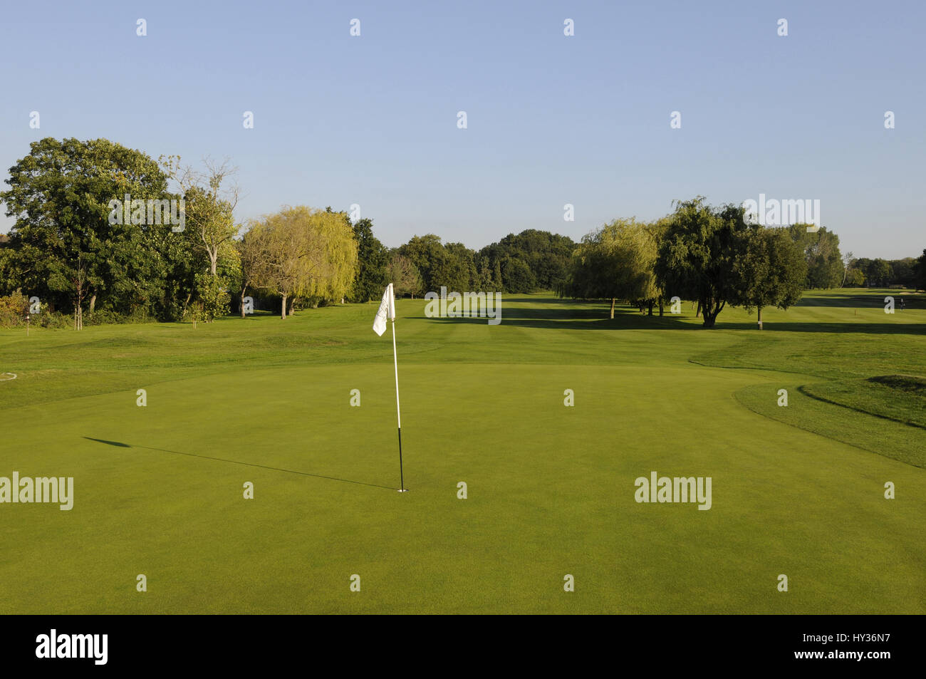 Am frühen Morgen Blick auf das 18. Grün, Malden Golf Course, New Malden, Surrey, England Stockfoto