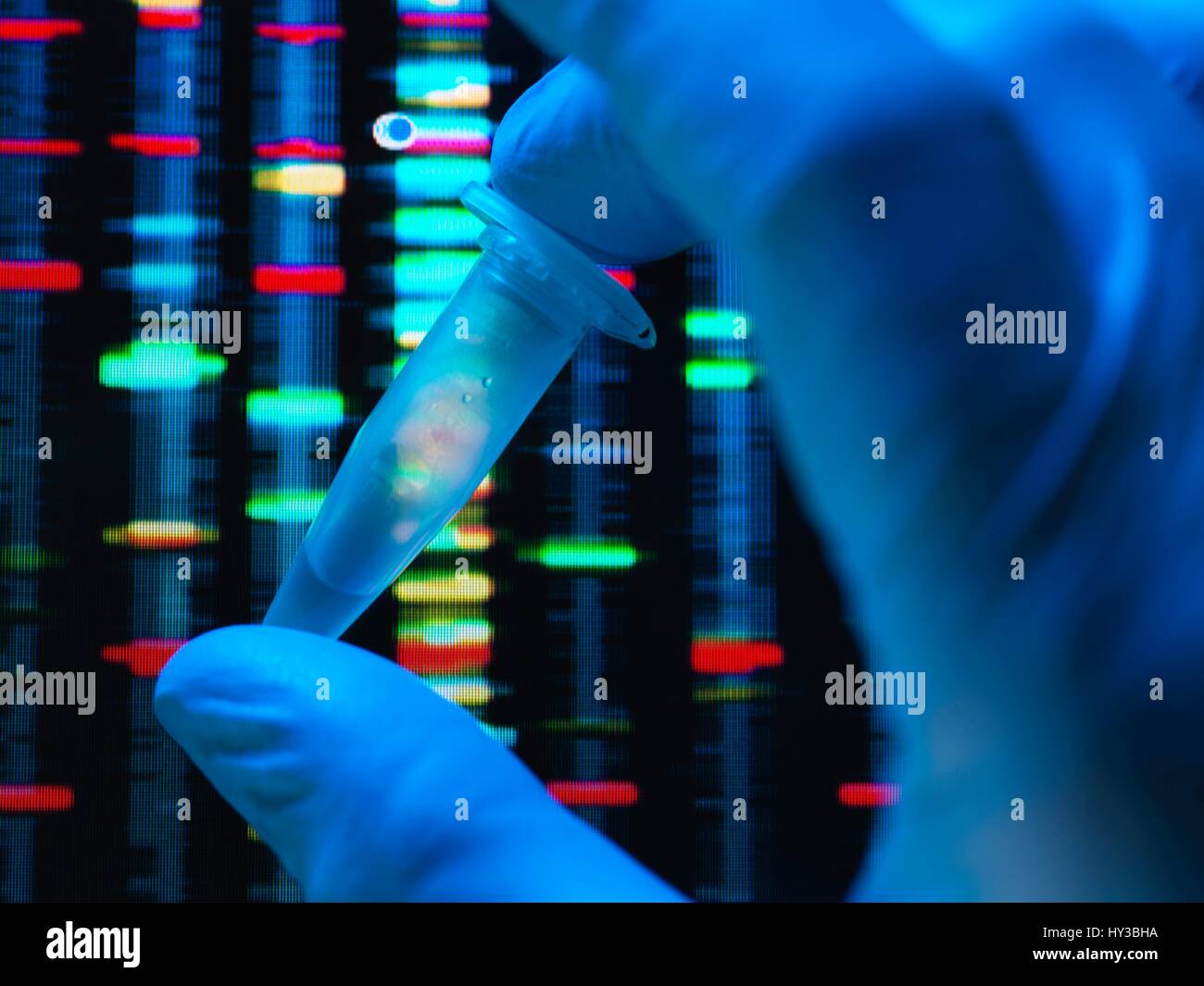 Wissenschaftler halten ein Fläschchen mit einer DNA (Desoxyribonukleinsäure) Probe bereit für Gentests, mit DNA-Testergebnisse auf einem Bildschirm. Stockfoto