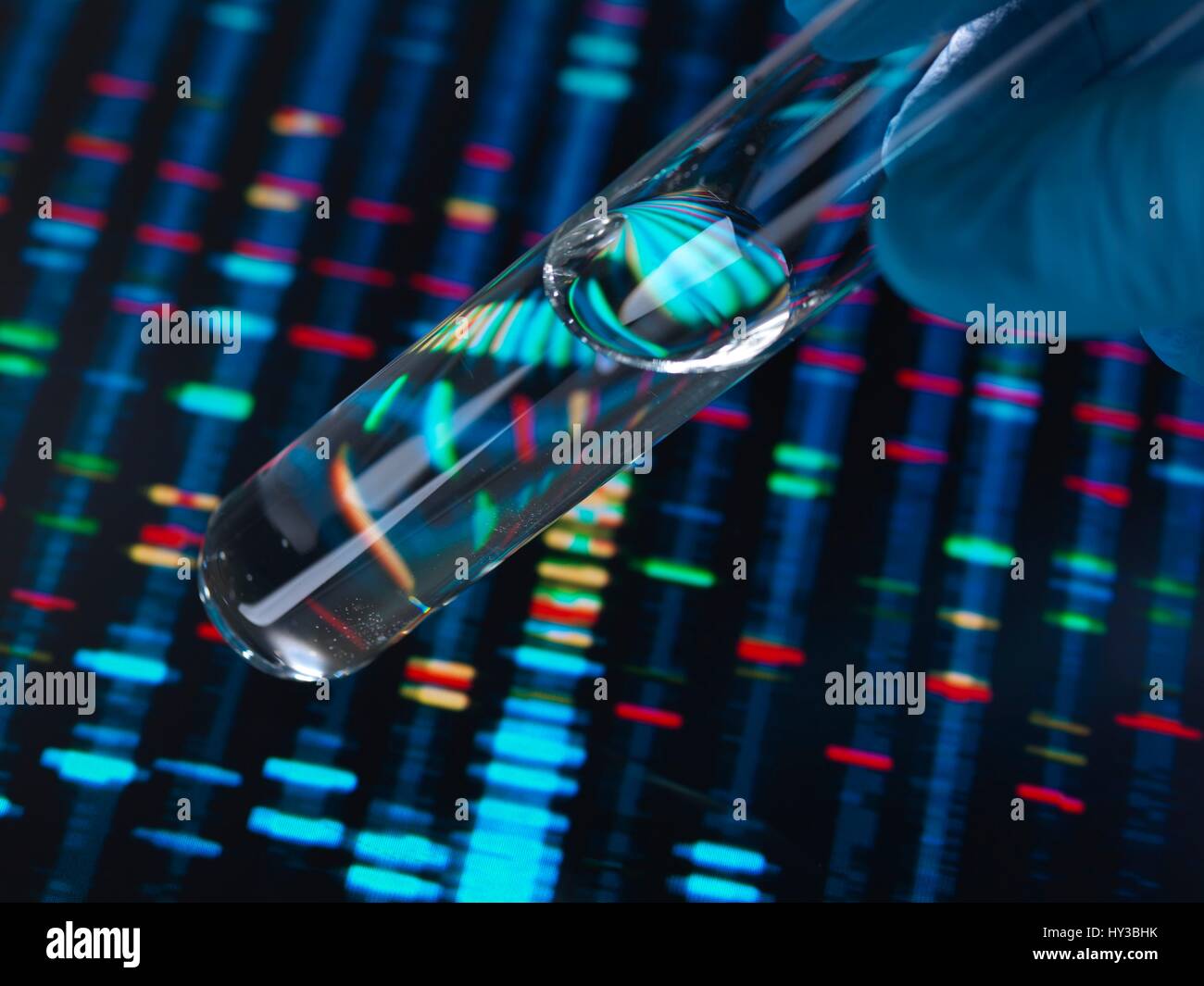 Ein Reagenzglas mit einer Probe vor DNA (Desoxyribonukleinsäure) Ergebnisse auf dem Bildschirm statt. Stockfoto