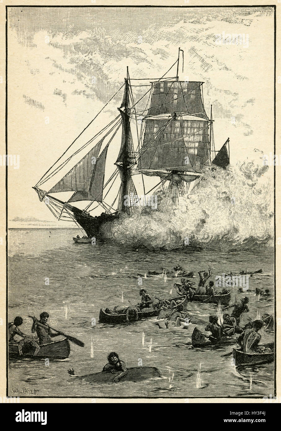 1910er Jahre Gravur von Robinson Crusoe von Daniel Defoe: "Gab ihnen so eine Breitseite." Illustriert von Walter Paget. Stockfoto