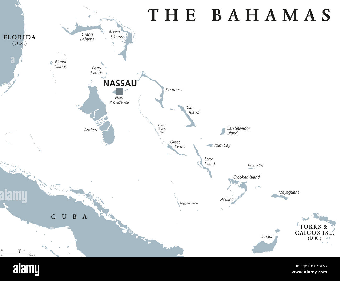Politische Karte mit Hauptstadt Nassau Bahamas. Commonwealth und Inselstaat innerhalb des Lucayan-Archipels im Atlantischen Ozean. Stockfoto