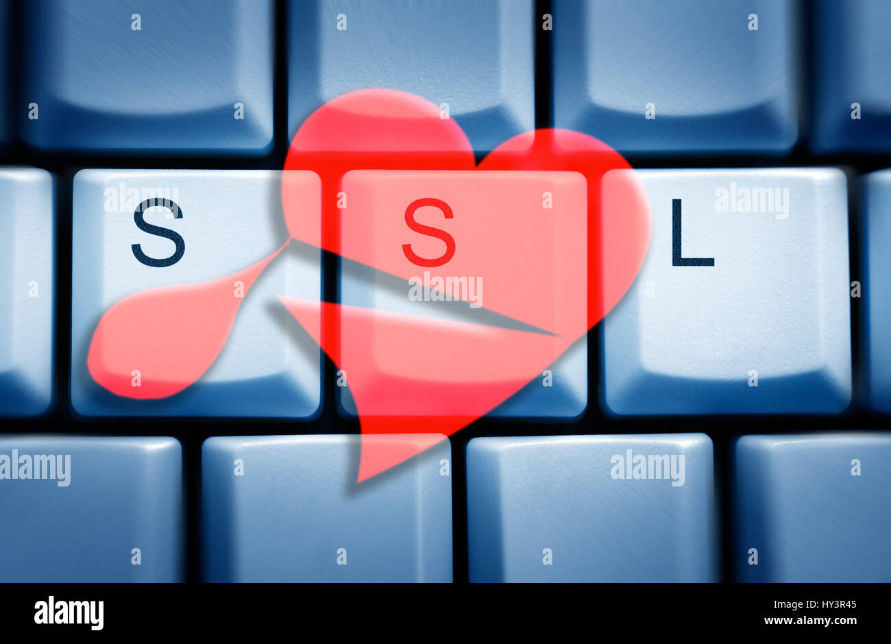 Computer-Tasten mit SSL-Schlaganfall und Herz mit Tropfen Blut, Sicherheitslücke Heartbleed in OpenSSL, Computertasten Mit SSL-Schriftzug Und Herz Mit Blutstr Stockfoto