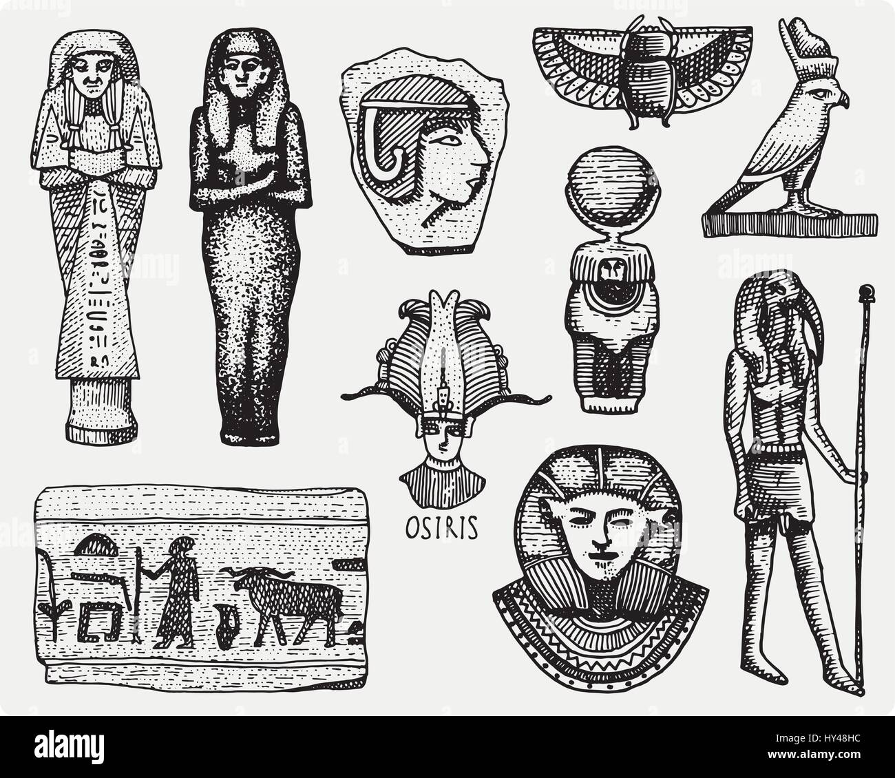 ägyptische Symbole, Pharaon, Scorob, Hieroglyphen und Osiris Kopf, Gott Jahrgang, gravierte handgezeichnete Skizze oder Holz schneiden Stil, alte suchen retro, isoliert realistische Vektor-Illustration. Stock Vektor