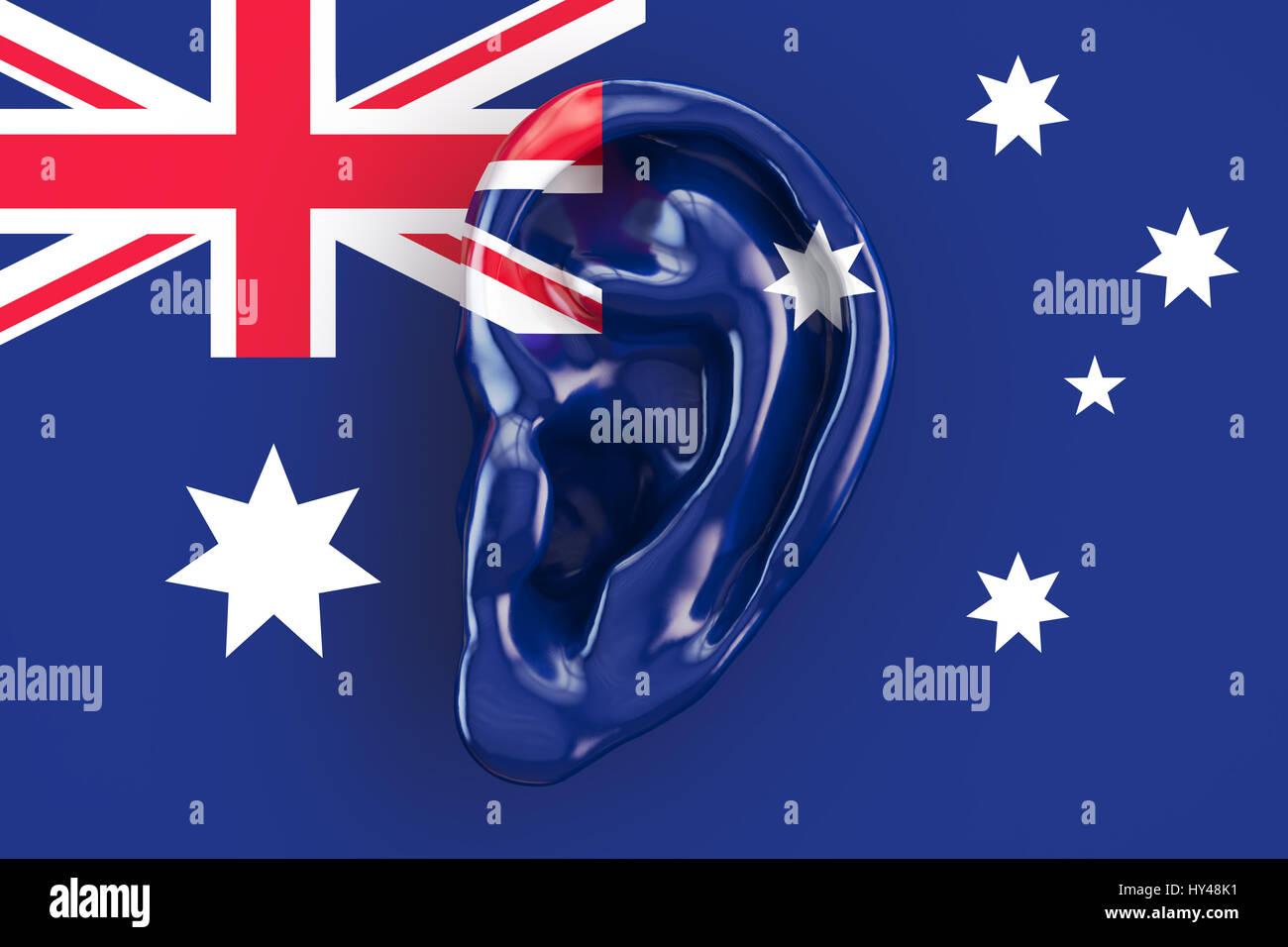 Australische Intelligenz Konzept, Ohr auf der Flagge von Australien. 3D-Rendering Stockfoto