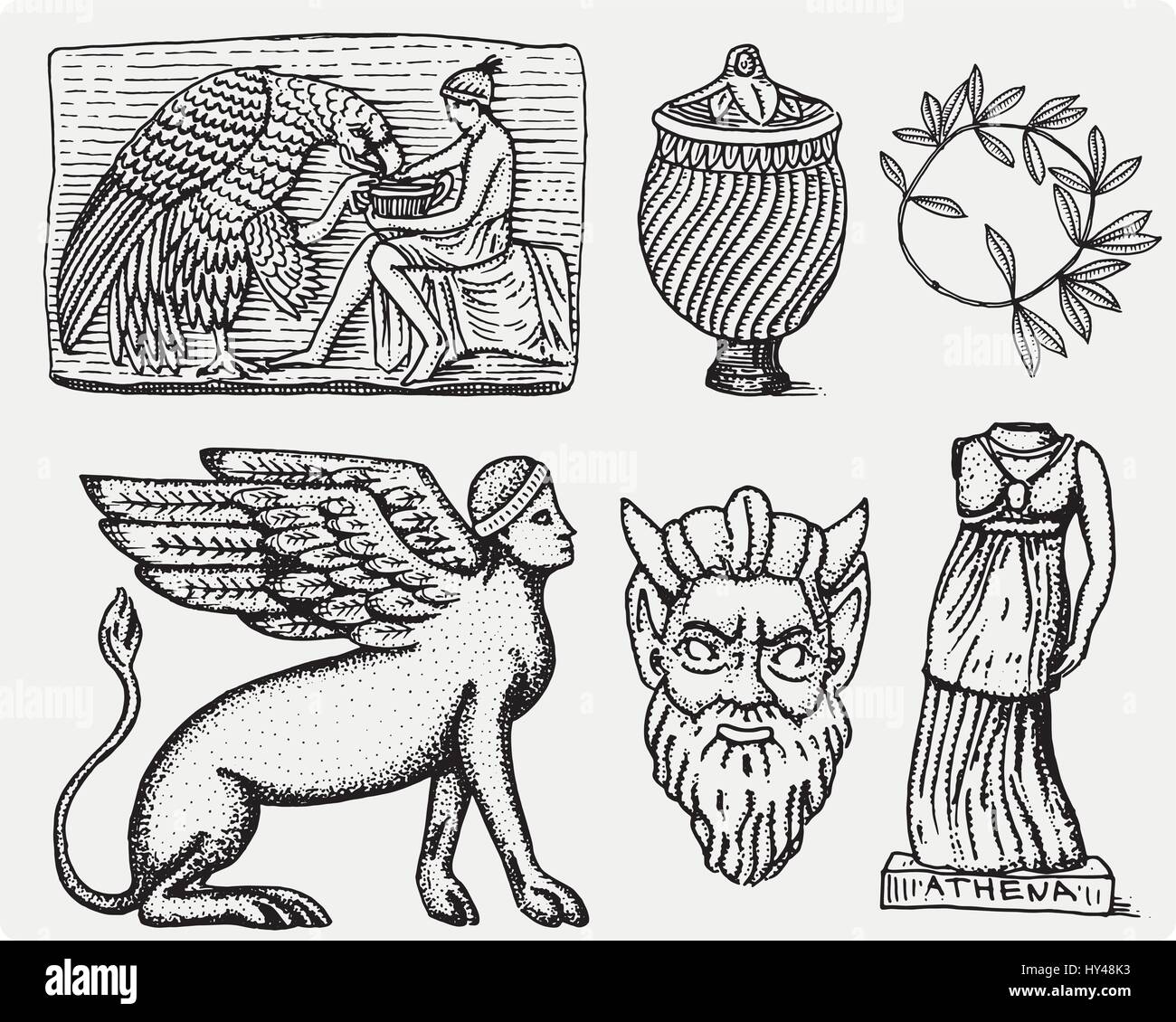 Antike, antike Symbole Ganymed und Adler Anphora, Vase, Athena-Statue und Satyr Maske Jahrgang, gravierte handgezeichnete Skizze oder Holz schneiden Stil, alte suchen retro, isoliert. Stock Vektor