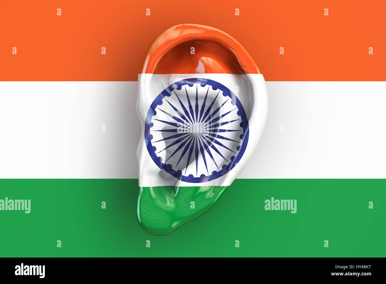 Indische Intelligenz Konzept, Ohr auf der Flagge von Indien. 3D-Rendering Stockfoto