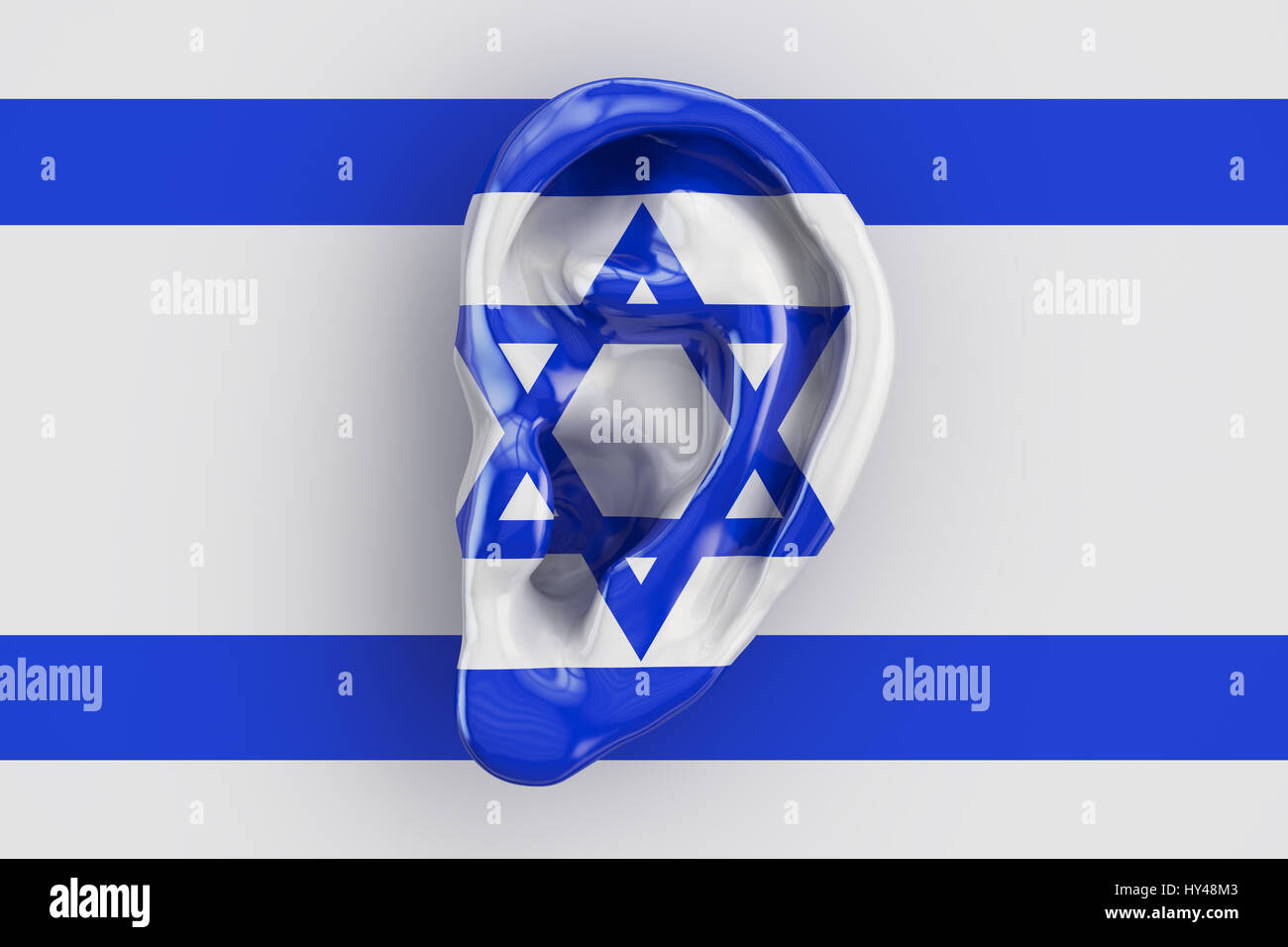 Israelische Geheimdienst Konzept, Ohr auf der Flagge von Israel. 3D-Rendering Stockfoto
