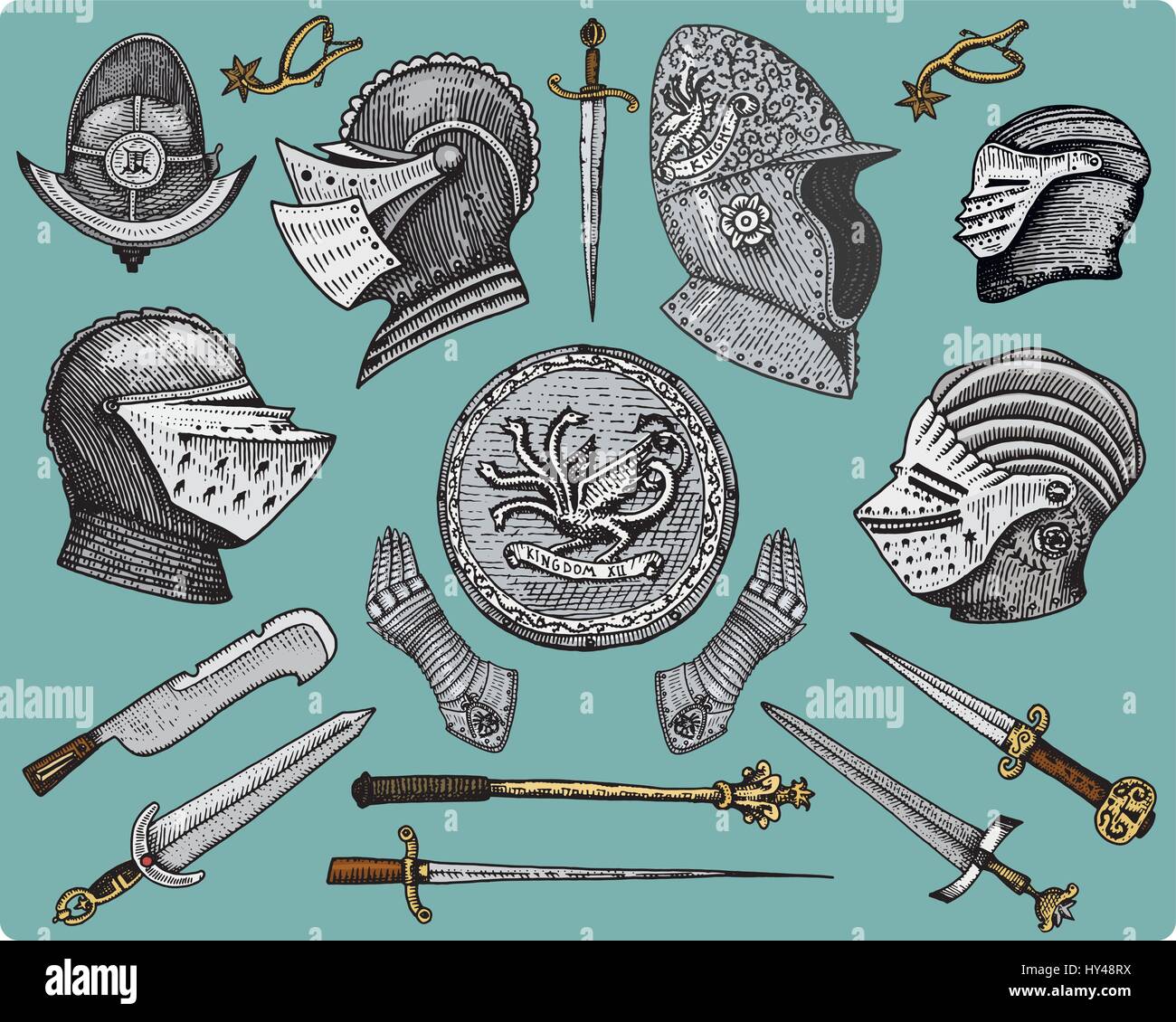 mittelalterliche Symbole, Helm und Handschuhe, Schild mit Drachen und Schwert, Messer und Muskatblüte, Sporn Jahrgang, gravierte handgezeichnete Skizze oder Holz schneiden Stil, alt Stock Vektor