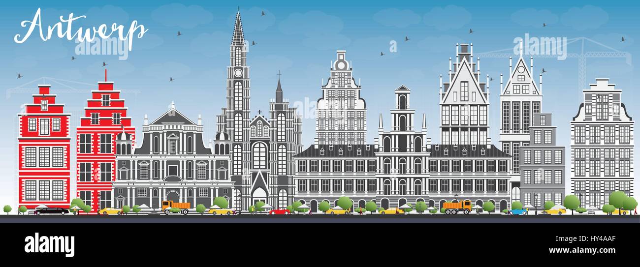 Antwerpen Skyline mit grauen Gebäuden und blauer Himmel. Vector Illustration. Business Travel und Tourismus Konzept mit historischer Architektur. Stock Vektor
