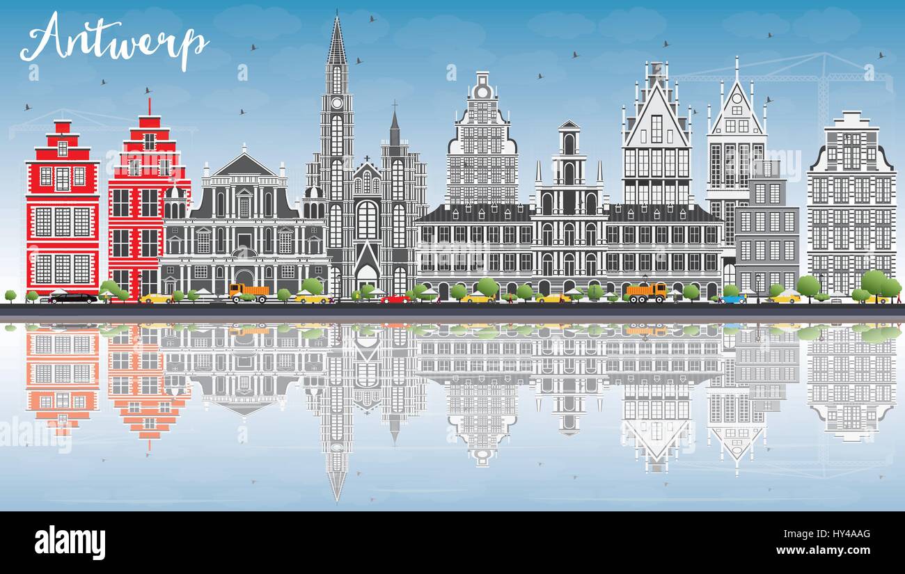 Skyline von Antwerpen mit grauen Gebäude, blauer Himmel und Reflexionen. Vektor-Illustration. Geschäftsreisen und Tourismus-Konzept mit historischer Architektur. Stock Vektor
