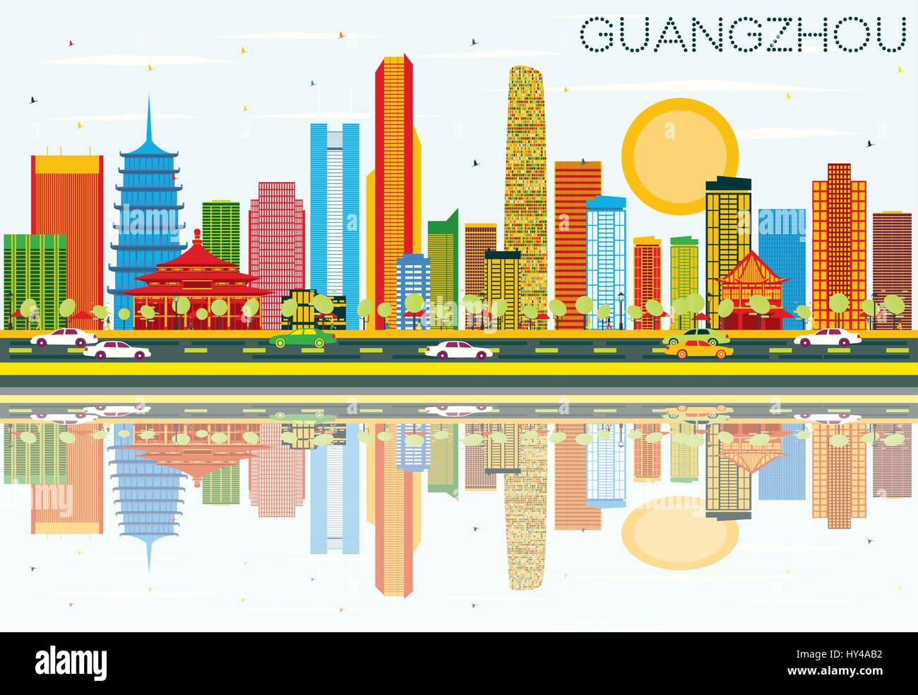 Guangzhou Skyline mit Farbe Gebäude, blauer Himmel und Reflexionen. Vector Illustration. Business Travel und Tourismus Konzept mit moderner Architektur. Stock Vektor