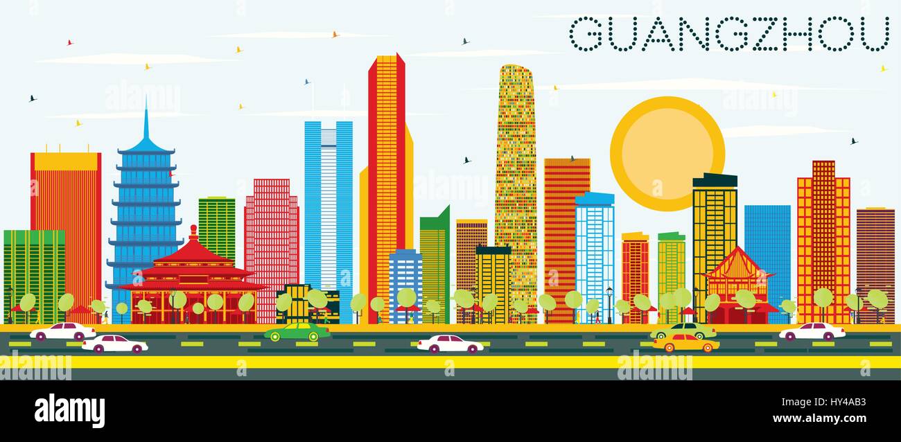 Guangzhou Skyline mit Farbe Gebäude und blauer Himmel. Vector Illustration. Business Travel und Tourismus Konzept mit moderner Architektur. Stock Vektor