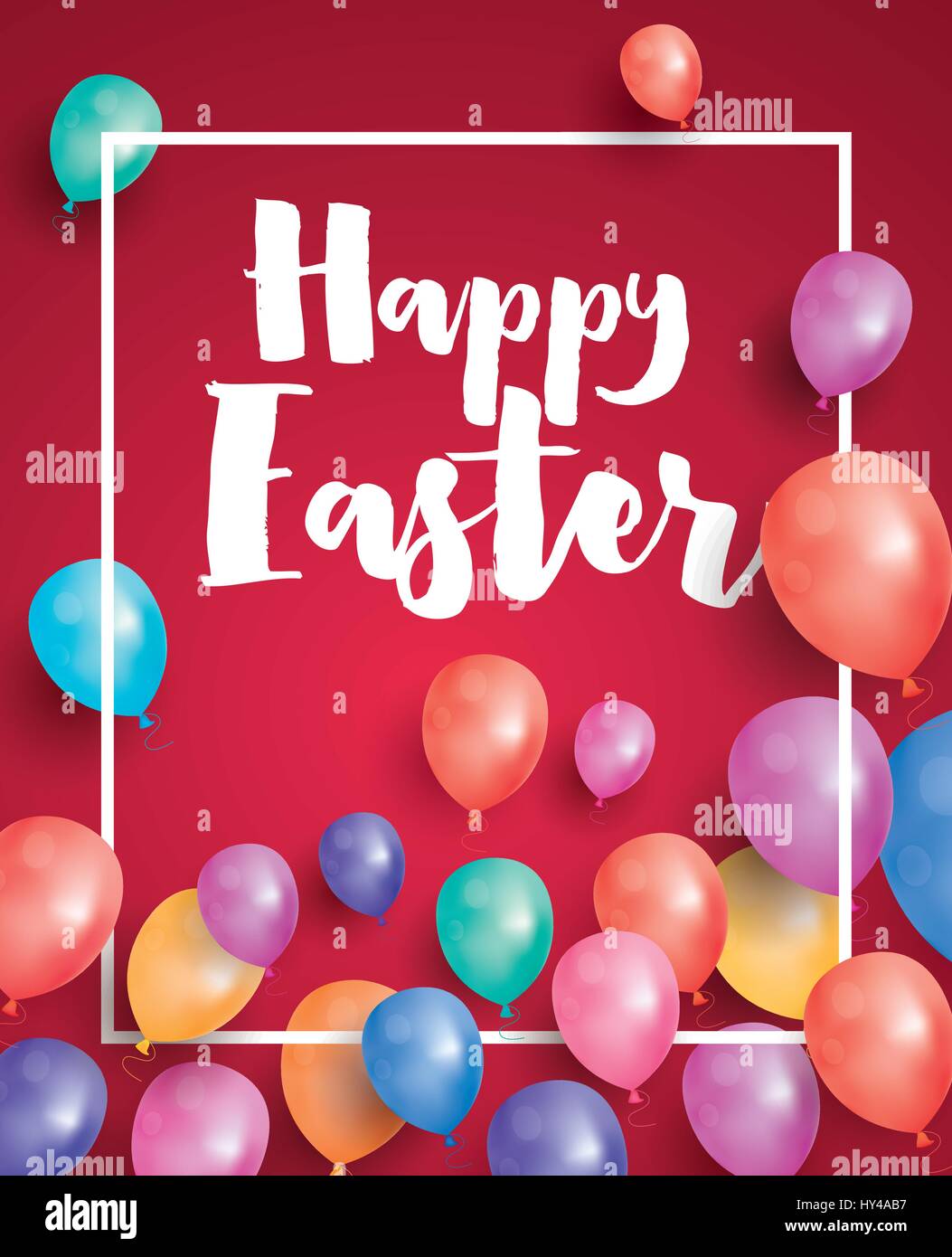 Frohe Ostern-Karte mit fliegenden Ballons und weißen Rahmen. Vektor-Illustration. Stock Vektor