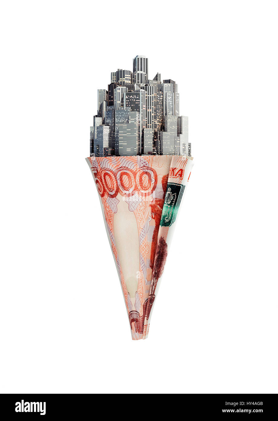Geld Kegel russischer Rubel / 3D Darstellung der Stadt Eis Kegel mit fünf Tausend Rubel Hinweis Stockfoto