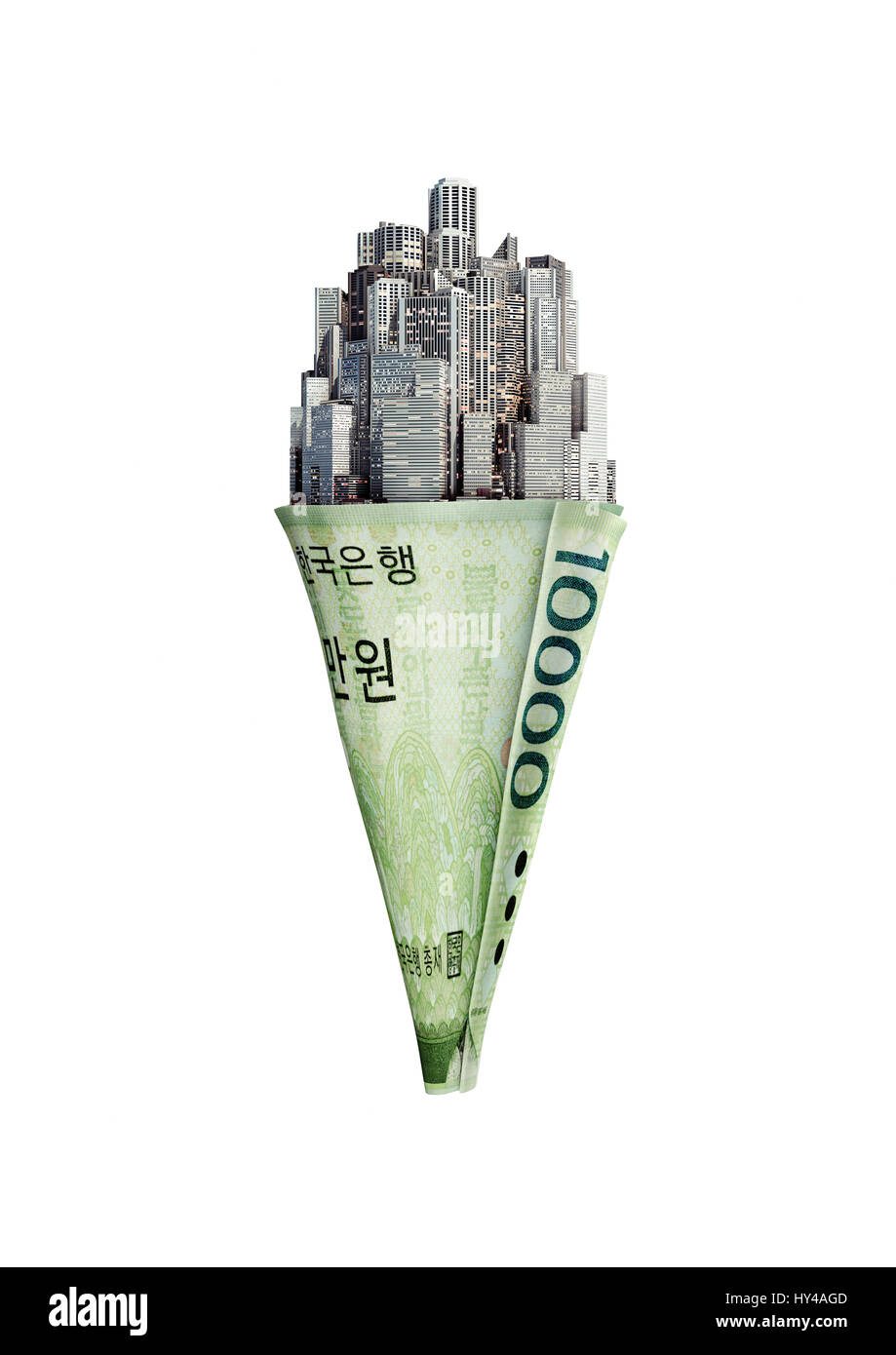 Geld Kegel südkoreanischer Won / 3D Darstellung der Stadt Eiswaffel mit südkoreanischen zehntausend Won-Schein Stockfoto