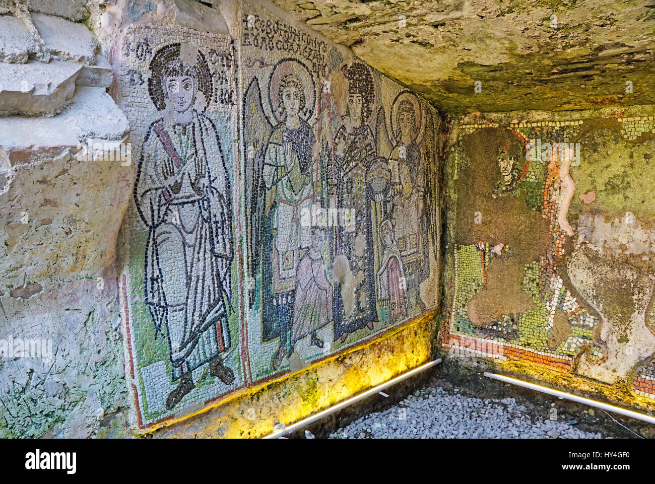 Mosaik an der Ausgrabungsstätte des römischen Amphitheater in Durres, Albanien. Stockfoto