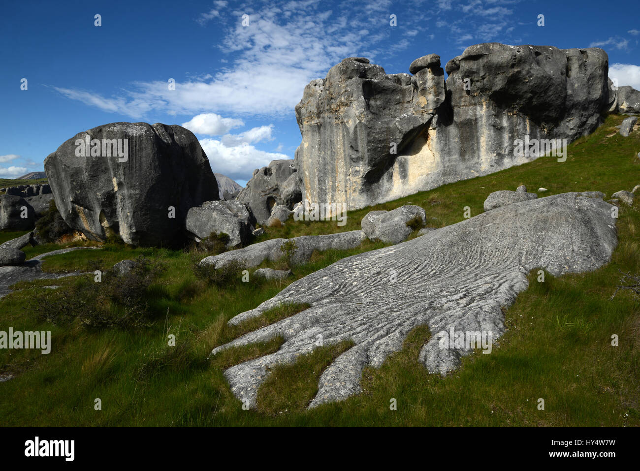 Kalksteinfelsen am Burgberg, Südinsel, Neuseeland Stockfoto