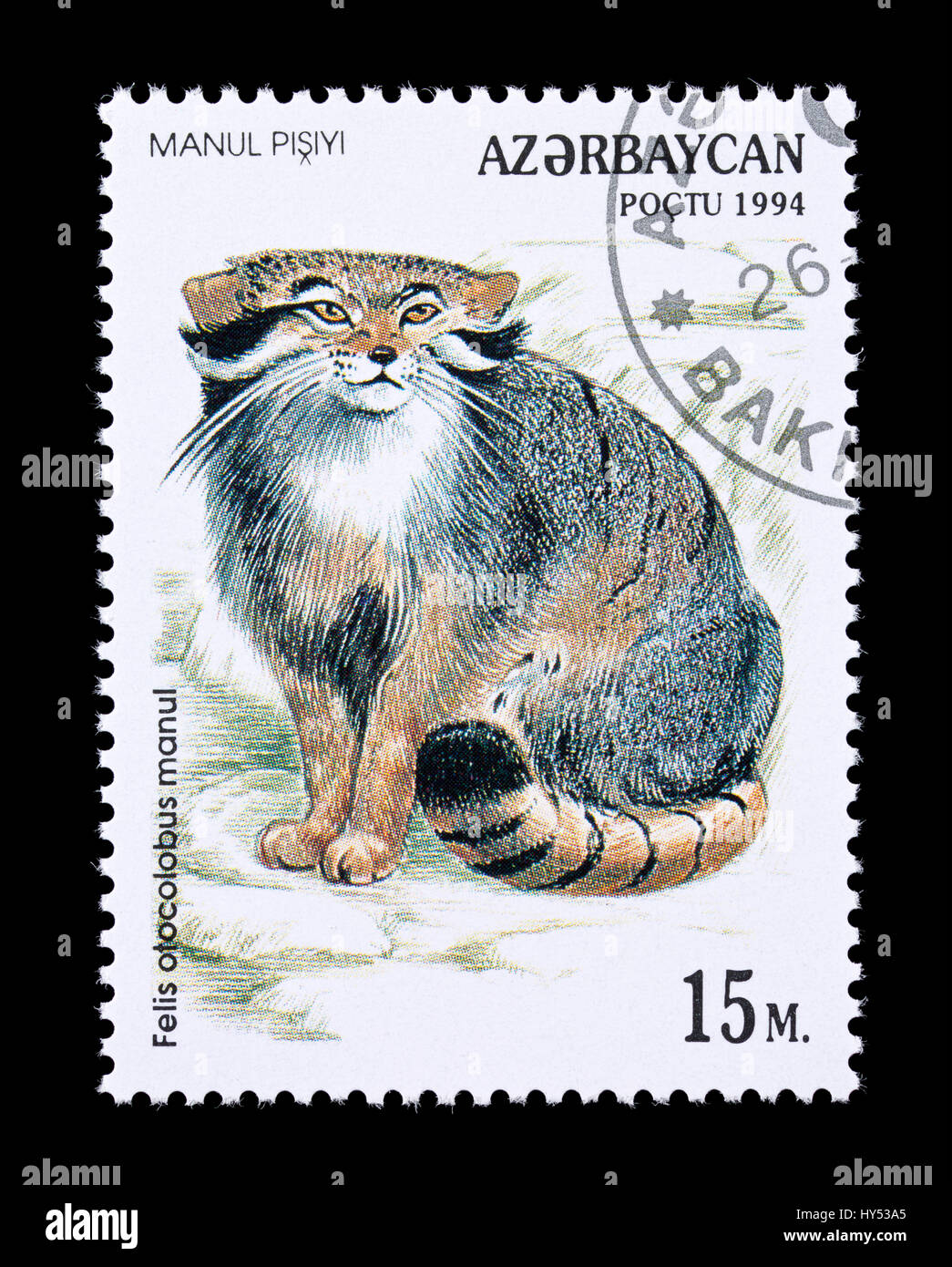 Briefmarke aus Aserbaidschan, die Darstellung einer Pallas Katze (Otocolobus Handbuch), Stockfoto