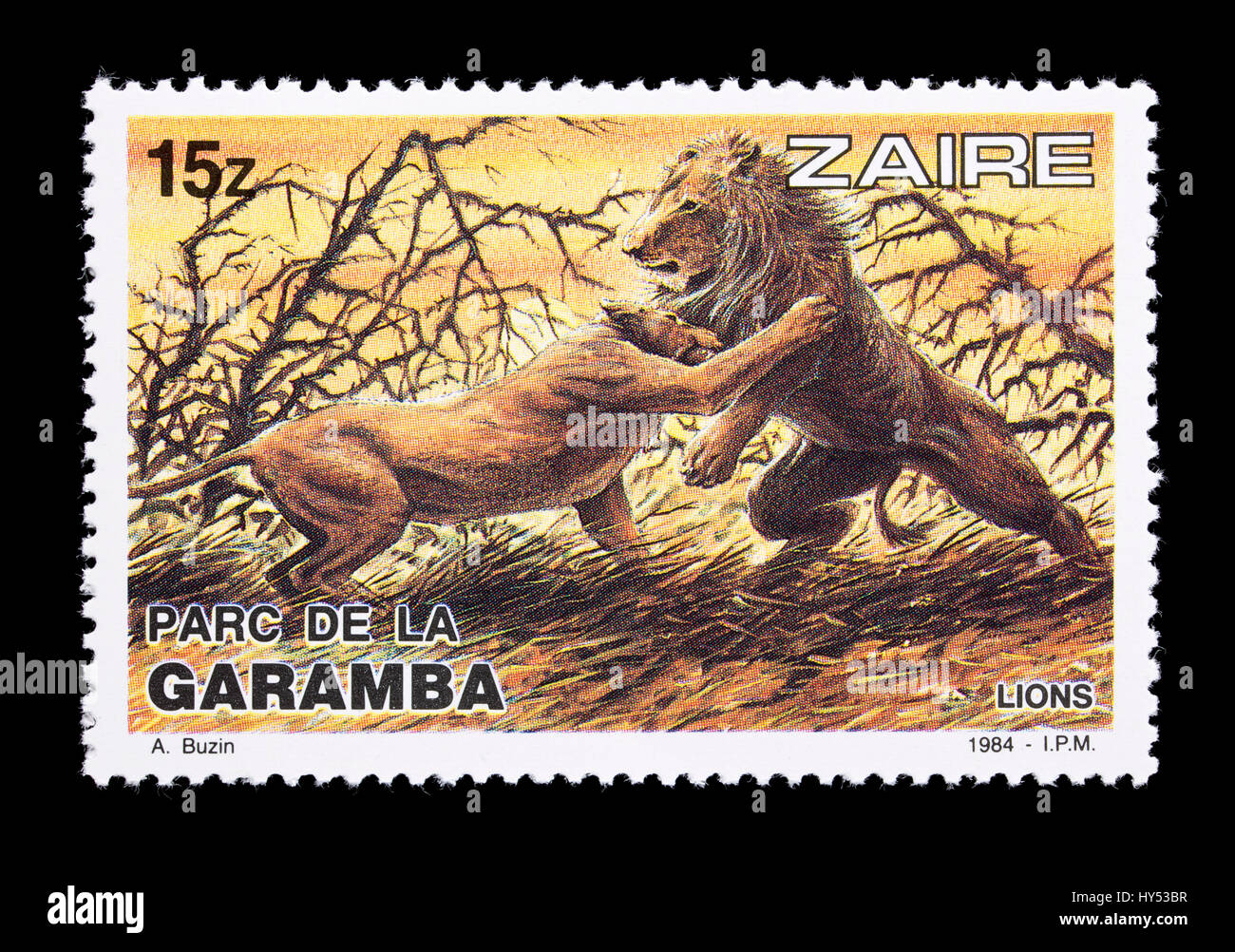 Briefmarke aus Zaire Darstellung Löwen im Garamba-Nationalpark Stockfoto
