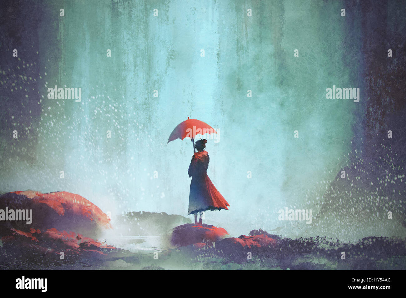 Frau mit einem Sonnenschirm stehen gegen Wasserfall, Illustration, Malerei Stockfoto