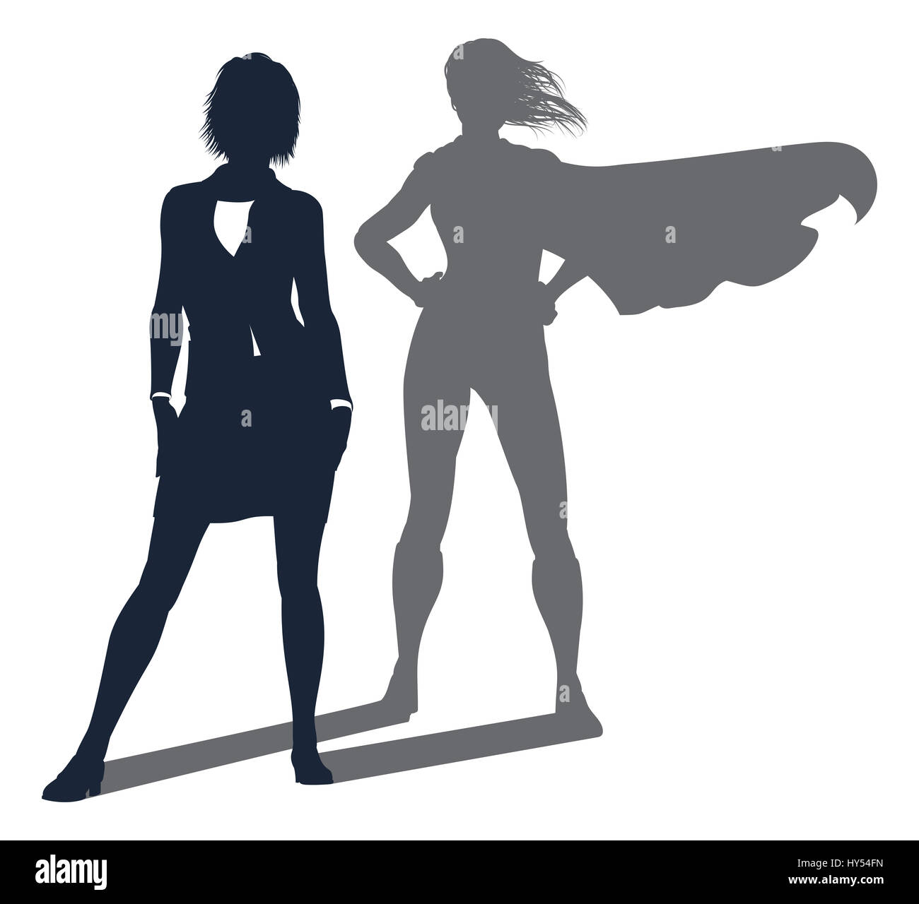 Konzeptionelle Darstellung der eine Geschäftsfrau, die Rolle eines Superhelden durch ihren Schatten offenbart Stockfoto