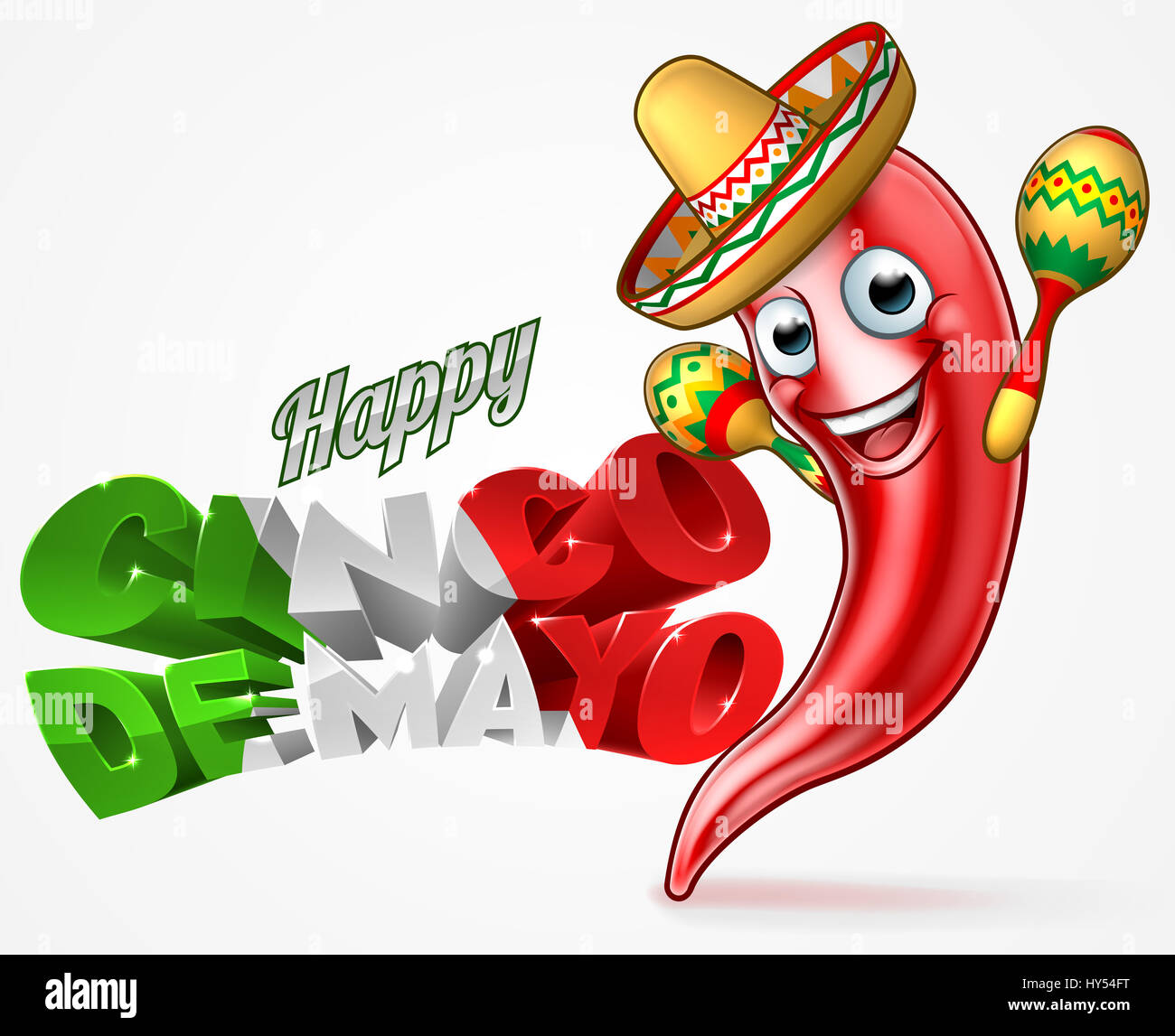 Ein glückliches Cinco De Mayo mexikanischen design mit roten Chili Pfeffer Zeichentrickfigur in Stroh Sombrero-Hut hält Maracas Schüttler Stockfoto