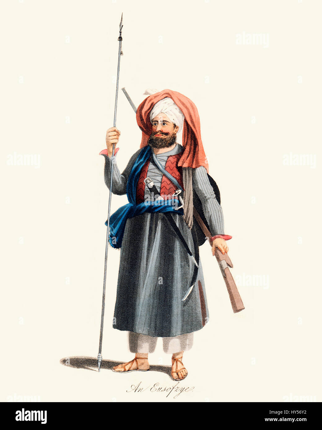 Vintage Farbe Gravur von 1819 zeigt ein Eusofzyes afghanischen Krieger Stockfoto