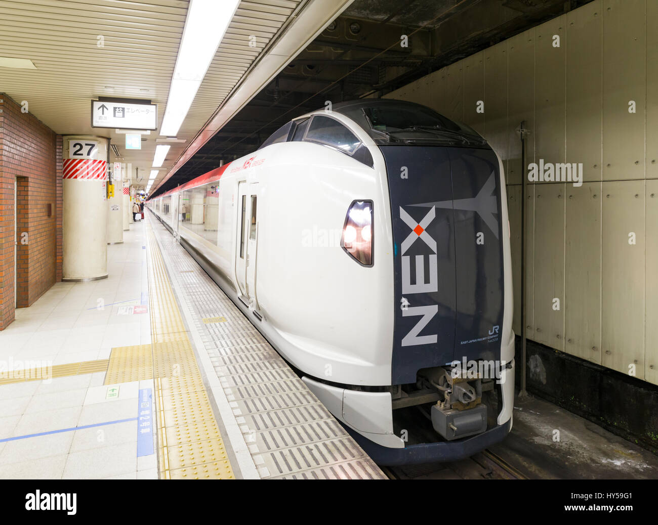 Der Narita Express (N'Ex), einem Premiumdienst Schnellzug von JR East betrieben kommt in eine unterirdische Bahnhof Tokyo, Tokyo, Japan-Plattform Stockfoto