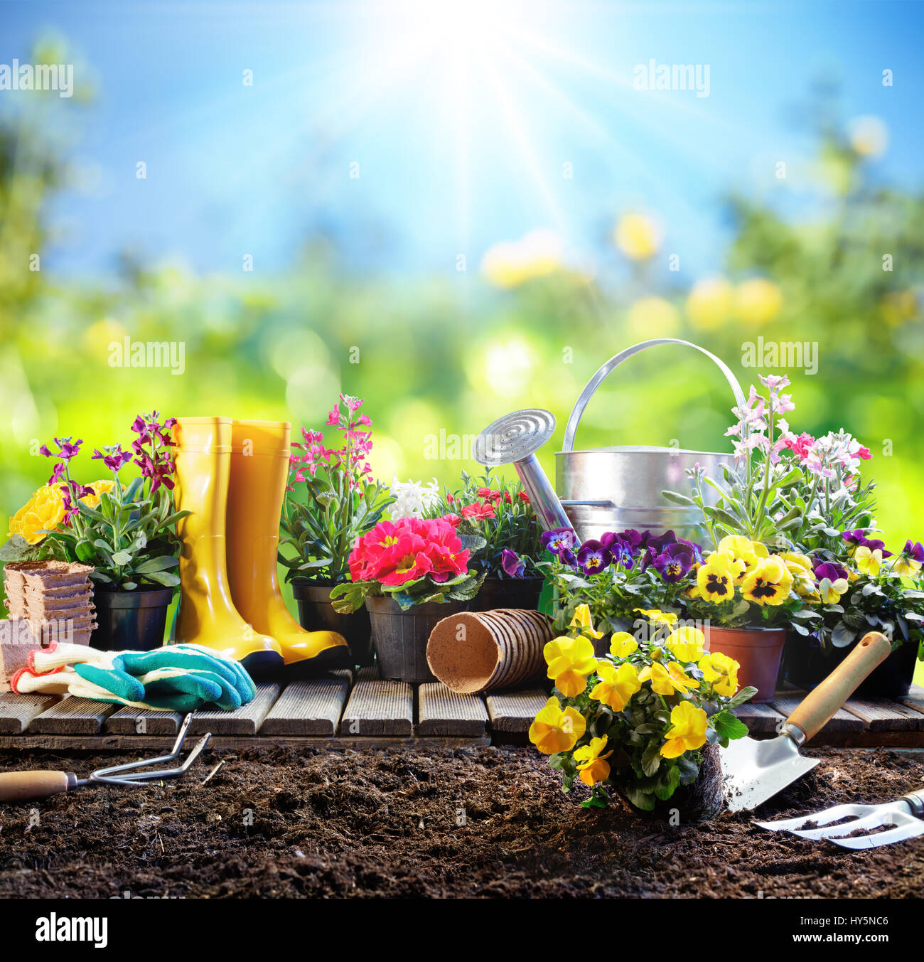 Gartenarbeit - Ausrüstung für Gärtner mit Blumentöpfen Stockfoto