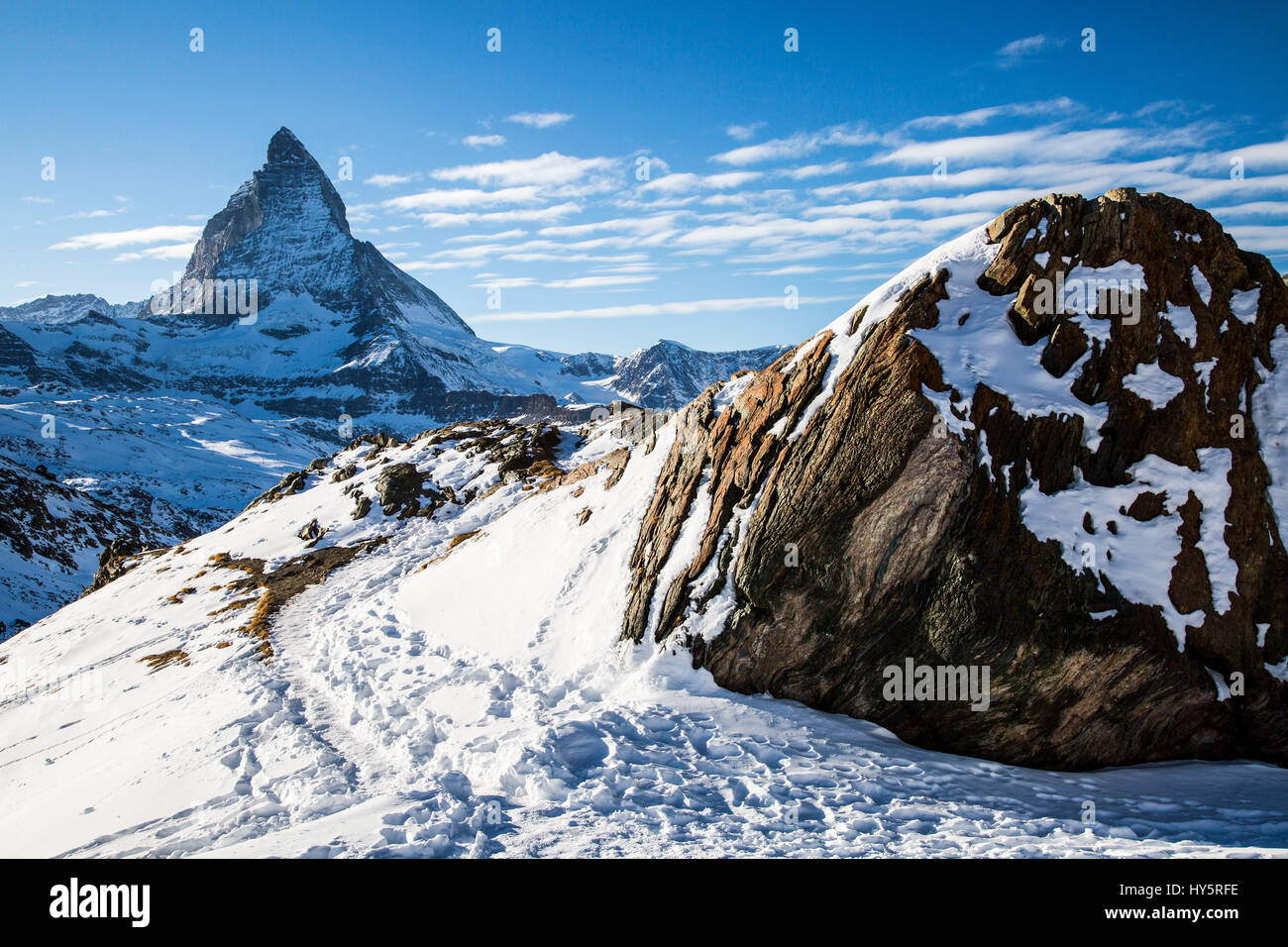 Riffelsee, Roteboden, Matterhorn, Peak, Reisen, Reisefotografie, im Freien, draußen, Natur, touristische, Reisen, Reiseziele, Außenansicht, Attraktion, Attraktionen, Schönheit in der Natur, Farbbild, natürliche Schönheit, Berglandschaft, Berglandschaften, Berglandschaft, la Stockfoto