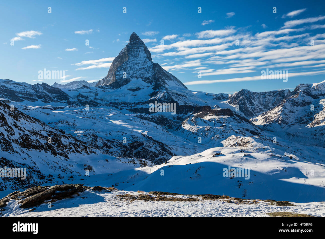 Riffelsee, Roteboden, Matterhorn, Peak, Reisen, Reisefotografie, im Freien, draußen, Natur, touristische, Reisen, Reiseziele, Außenansicht, Attraktion, Attraktionen, Schönheit in der Natur, Farbbild, natürliche Schönheit, Berglandschaft, Berglandschaften, Berglandschaft, la Stockfoto